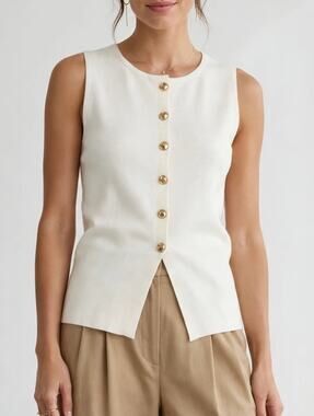 Montgomery Post Cleo Gold Button Vest White 1X Stitch Fix Knit Tank Sleeveless